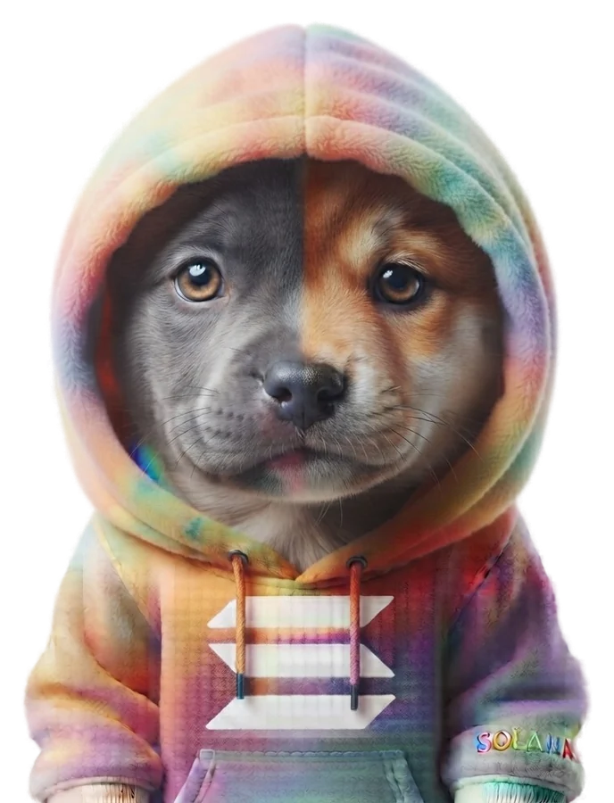 Pitbullinu mascot: a puppy that is half pitbull, half shiba inu, wearing a rainbow hoodie with the Solana logo